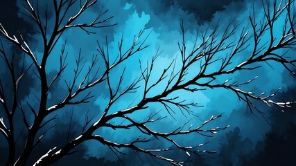Abstract watercolor style art combination of art blue and black themed background. Tree branches textured art with sense of colors