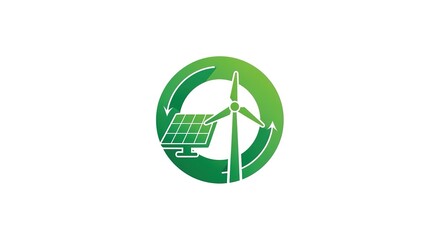 Green energy logo with solar panel and wind turbine in a circle.