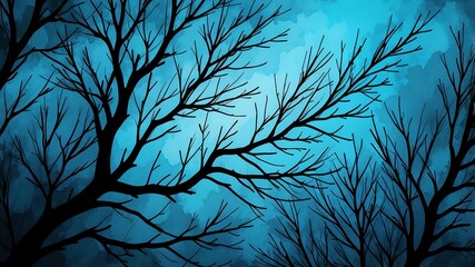 Abstract watercolor style art combination of art blue and black themed background. Tree branches textured art with sense of colors