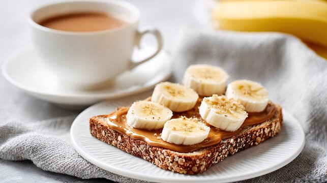 Healthy breakfast scene with whole grain toast peanut butter banana slices and tea - Powered by Adobe