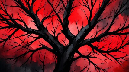 Abstract watercolor style art combination of art black and red themed background. Tree branches textured art with sense of colors