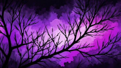 Abstract watercolor style art combination of art black and purple themed background. Tree branches textured art with sense of colors