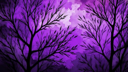 Abstract watercolor style art combination of art black and purple themed background. Tree branches textured art with sense of colors