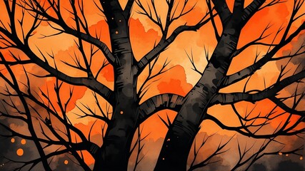 Abstract watercolor style art combination of art black and orange themed background. Tree branches textured art with sense of colors