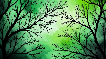Abstract watercolor style art combination of art black and green themed background. Tree branches textured art with sense of colors