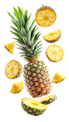 flying pineapple slices isolated on transparent white background, clipping path