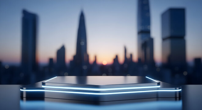 Modern Platform with Neon Blue Lights for Product Display.
