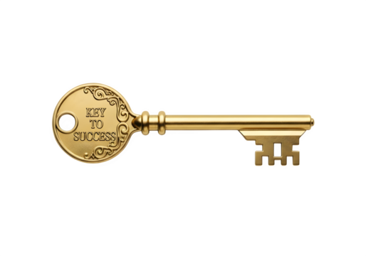 Ornate Golden Key with Key to Success Inscription.