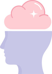 Minimalist lavender head silhouette with an open mind revealing a sparkling pink cloud of creative thought.