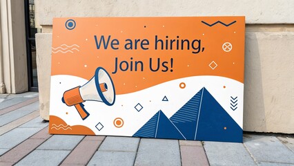 a photo of an orange and white sign with a megaphone and mountains, text saying "We are hiring, join us!"