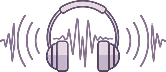 Obraz premium Stylized lavender headphones with purple outlines emitting sound waves and audio waveforms.
