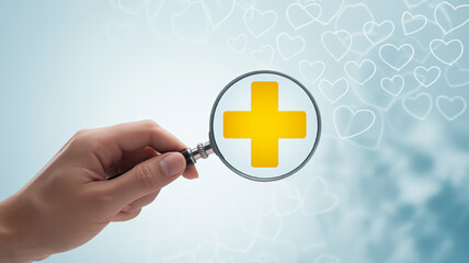 A close-up photograph of a hand holding a silver magnifying glass against a light blue background.