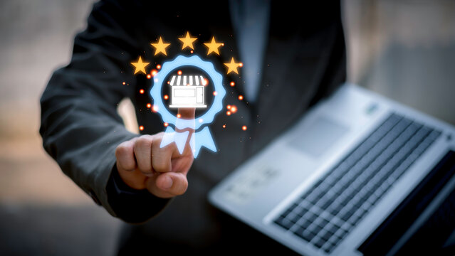 Certified business concept with quality assurance icon top of service in hand, representing trusted services and verified shops. Ideal for e-commerce, brand trust, or digital marketing visuals. - Powered by Adobe