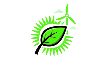 Obraz premium Green leaf sun and wind turbine represent renewable energy and environmental concepts.