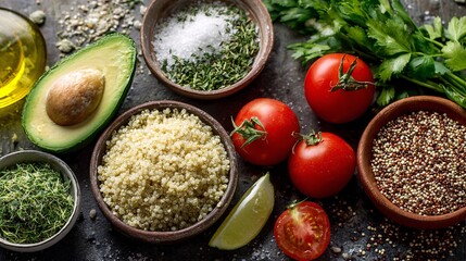 Assorted raw ingredients including quinoa avocado tomatoes and herbs displayed in bowls