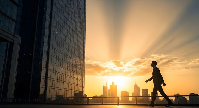 Silhouette of Ambition: A lone figure, embodying determination, strides confidently against the backdrop of a modern cityscape, as the setting sun paints the sky with radiant hues.