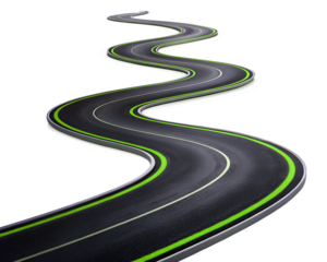 A winding asphalt road with green and white lines, curving into the distance on a transparent background
