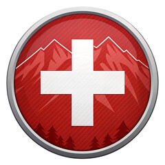 Fototapeta premium Swiss Emblem of Majestic Landscape: A striking emblem showcasing Switzerland's iconic imagery: snow-capped mountains, lush green trees, and a bold white cross set against a vibrant red backdrop.