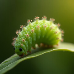 Naklejka premium caterpillar on leaf, Green Caterpillar Spiky Leaf Macro Close.png