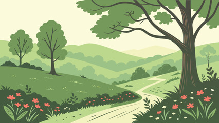 Beautiful green landscape illustration with trees flowers and path for nature lovers and outdoor enthusiasts