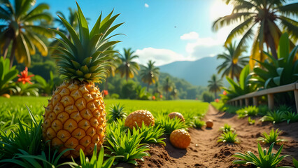 Pineapple Growing in the Field Surrounded by Tropical Foliage, Daylight Scene