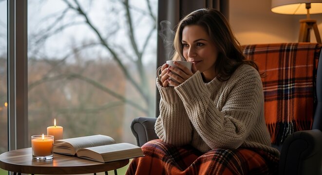 Woman enjoying a warm drink by the window. - Powered by Adobe