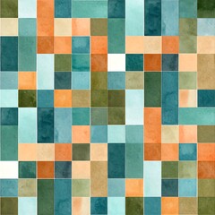 Abstract mosaic pattern of squares in various shades of teal, orange, beige, and green
