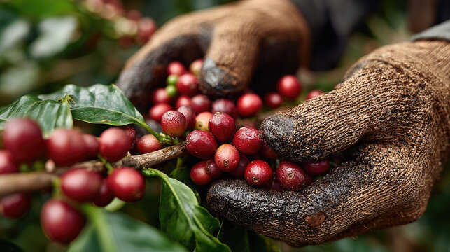 Hands of a worker wearing gloves carefully picking ripe coffee cherries on an organic coffee farm, symbolizing sustainable agriculture, harvest, coffee production, fair trade, and eco-friendly farming