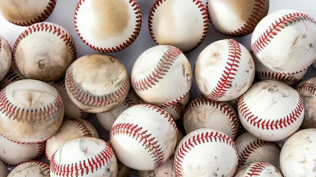 A collection of baseballs placed on a table, ready for use or display