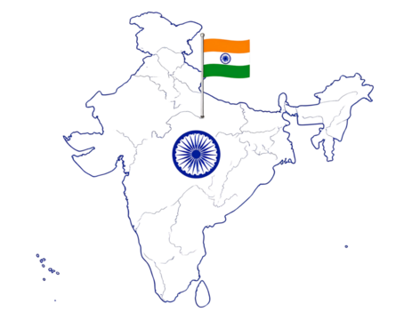  India Map Outline with Miniature Flag Pin Marker, Minimalist Icon Style, Isolated PNG