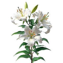 Obraz premium PNG of A stunning bouquet of white lilies showcasing elegance and purity with lush green leaves surrounding the vibrant flowers.