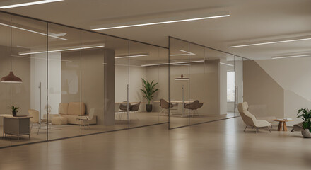 A modern office interior with glass walls and minimalist design