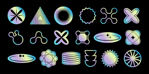 Set of holographic stickers in trendy retro style of 2000s with abstract shapes. Textured foil effect. Holographic textured stickers for labels. Vector illustration.