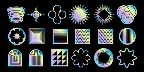 Set of holographic stickers in y2k style. Flowers, lines, geometric shapes. Vector illustration.