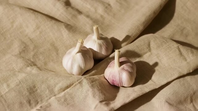 Three garlic bulbs on wrinkled beige linen fabric in natural light