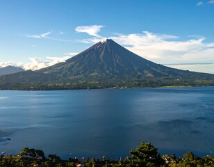 Volcano rising above a tranquil lake