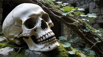 "A photo image of a skeletal skull with sunken eyes and a twisted, macabre grin, surrounded by crumbling stone and ancient vines."