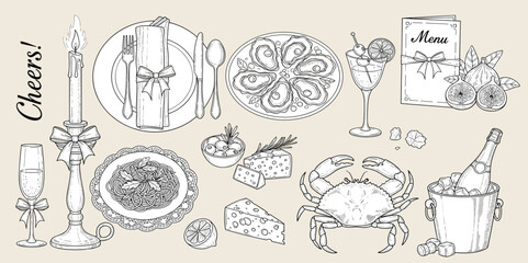 Hand drawn la dolce vita food illustrations. Chalk Mediterranean dinner. Wine, spaghetti, oysters, charcuterie drawings for wedding invitations, menus.