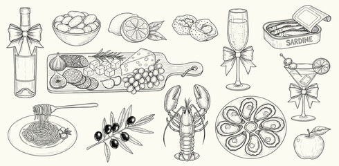 Hand drawn chalk food vector illustrations. Birthday party doodle icons. Anniversary celebration. Champagne, cheese, lobster, oysters, crab, bows