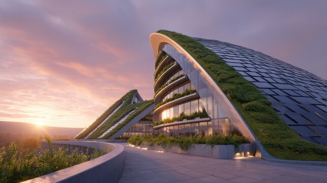 futuristic eco-friendly building with curved green roof, solar panels, vertical gardens, sustainable architecture, glowing sunset, clean air, modern eco utopia