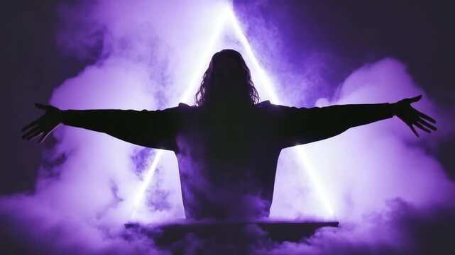 Neon Triangle Silhouette: Mysterious Figure Emerges from Purple Smoke, Arms Wide