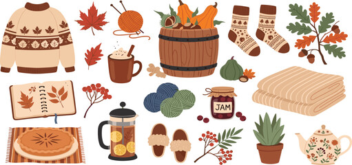 Hygge set, hand drawn vector, scandinavian doodle sketchy elements. Cozy comfortable lifestyle, winter and autumn mood