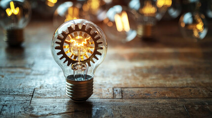 A single light bulb with a gear design inside, emitting a warm glow on a wooden table with other light bulbs in the background.