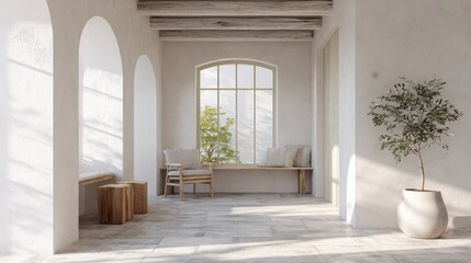 Fototapeta premium mediterranean minimalist interior, white stucco walls, natural stone floor, rustic wood accents, sunlight through arched window