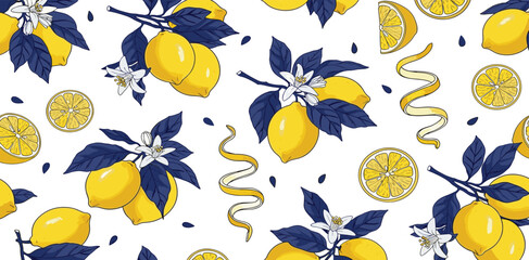 Hand drawn vintage seamless pattern with lemons. Sketch style citrus fruits, flowers, leaves. Vector elegant doodle citrus tropical whimsical fruits. 