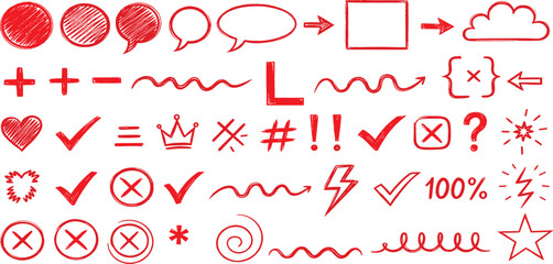 Red pencil hand drawn text underline, oval, chalked arrows, check marks. Doodle charcoal stroke emphases, arrow, highlight, speech bubble elements. Marker, pen brush stroke.
