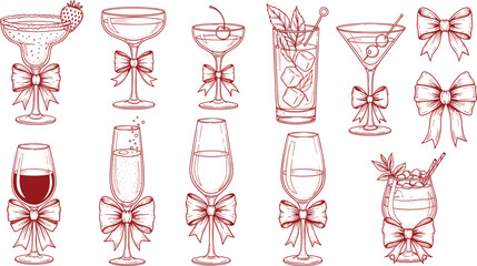 Coquette cocktails with bows hand drawn set. Cute aesthetic glasses with ribbon and bow in sketch style.