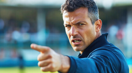 A soccer coach pointing at the field with a serious expression.