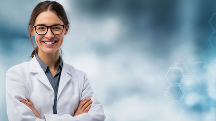 Banner format featuring a smiling female doctor with arms crossed, medical graphics in background, professional corporate medical branding.