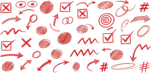 Red pencil hand drawn various oval, chalked arrows, check marks. Vector doodle marker drawing. Hand drawn charcoal symbols for diagrams
